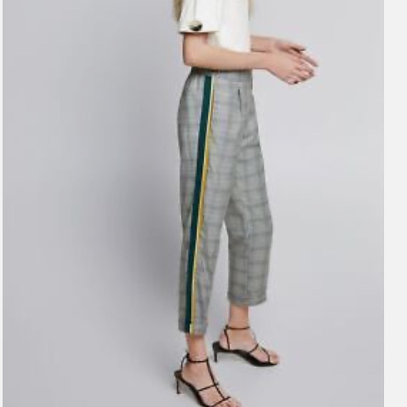 Zara Black & White Check Trouser Pants with Green and Yellow Stripe - Picture 2 of 9